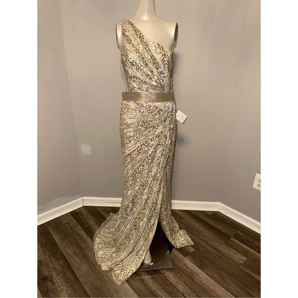 MAC DUGGAL SEQUINED ONE SHOULDER DRAPED LACE UP GOWN - Picture 4 of 9